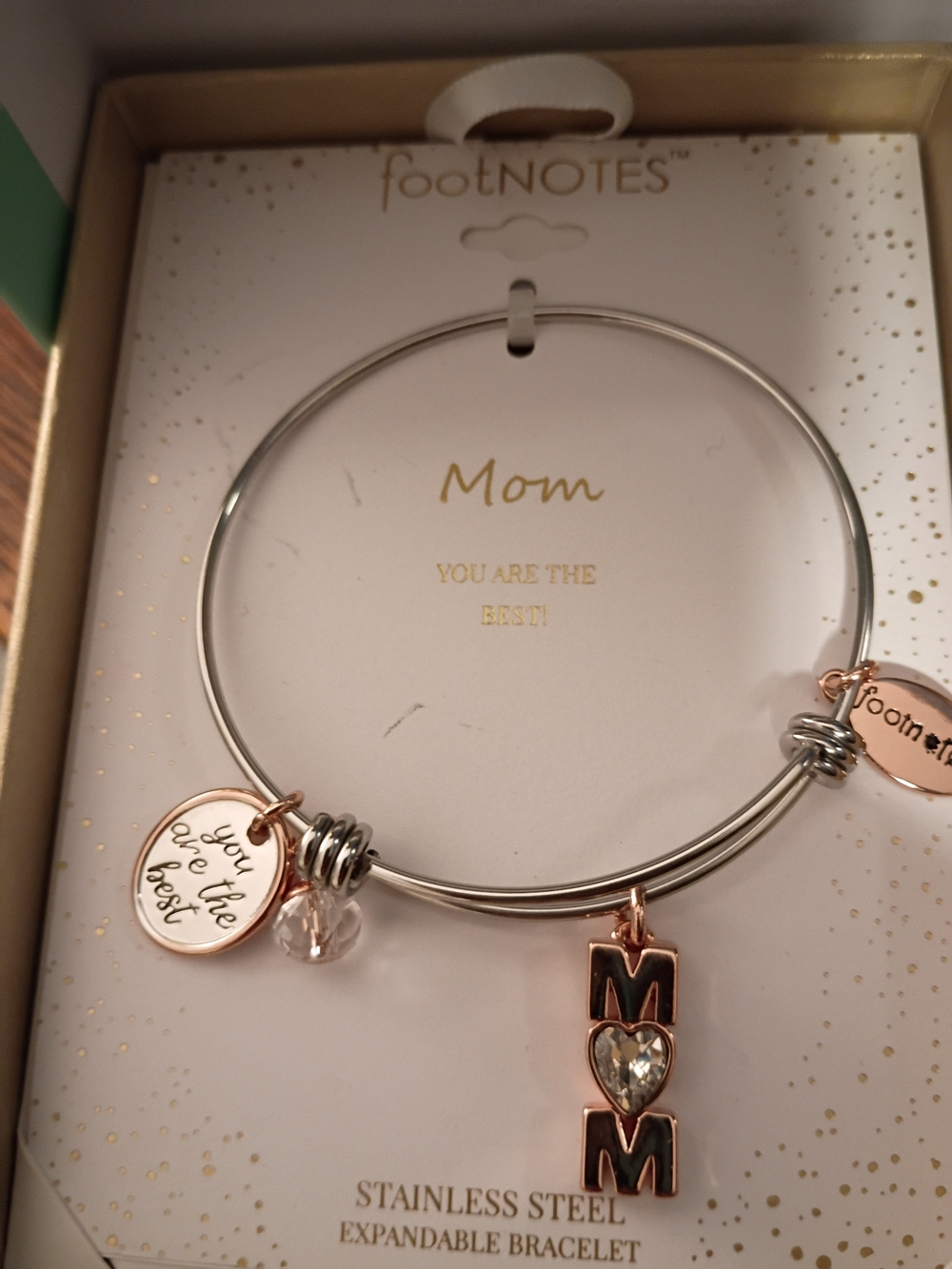 Mom Stainless Steel Expandable Bracelet with Rose Gold MOM Charm